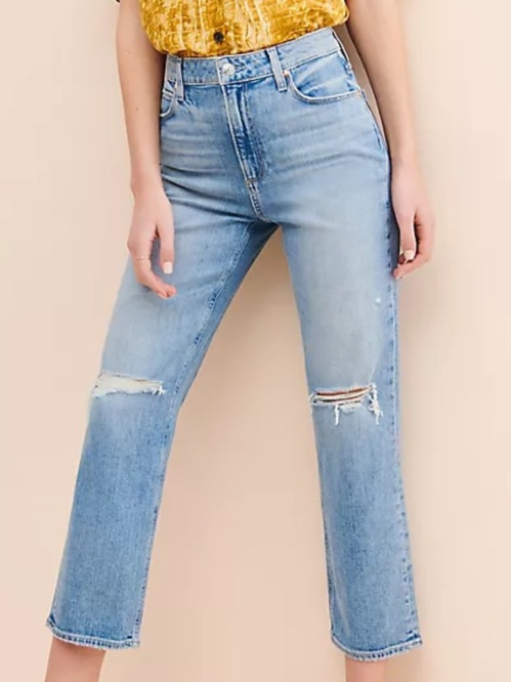 PAIGE Sarah Straight Ankle Light Blue Distressed Cropped Jeans